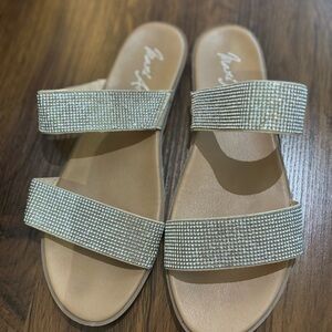 Woven Crystal Double-Strap Slide Sandals in Champagne